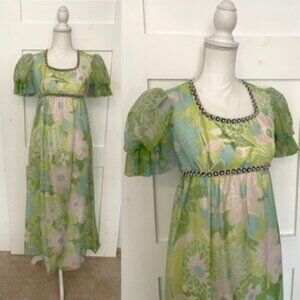 SOLD! Watercolor Bridgerton Inspired Empire Waist 1970s Wedding Guest Gown